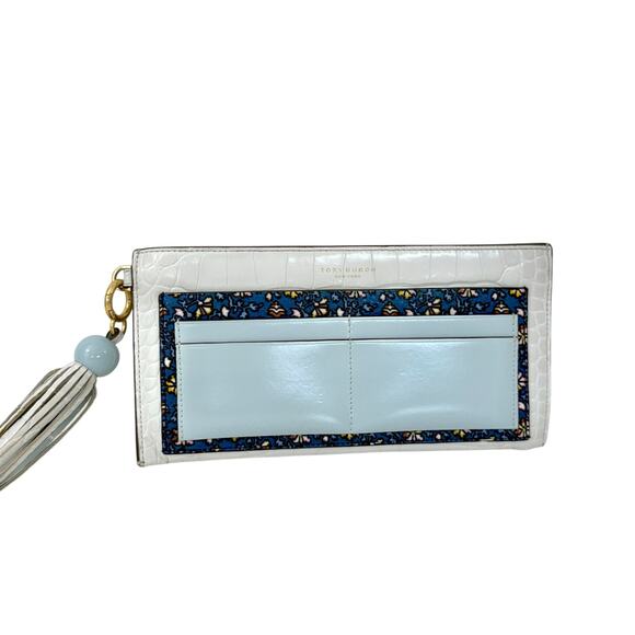 Tory Burch Embossed Leather Wallet Clutch White with Blue Floral Accent - Picture 1 of 12